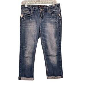 Love Nation Blue Ankle Cropped Cuffed Capri Jeans Pockets Vintage Wash Size 6